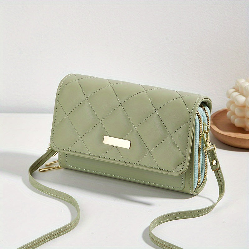 solvbao  Quilted Pipping Zipper Mini Shoulder Purse, Mobile Phone Wallet Double Zipper Shoulder Bag (7.5*2*5.1)Inch