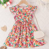 Adorable Floral Fitted Princess Dress for Little Girls - Ruffle Trim, Non-Stretch Polyester, Machine Washable, Perfect for Summer Party, Beach Vacation, and Casual Occasions