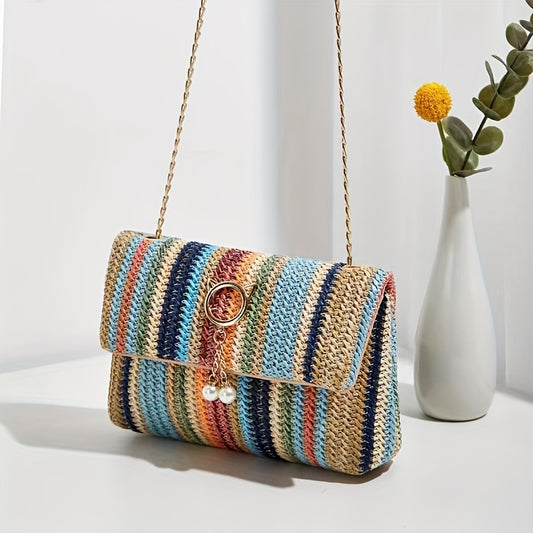 solvbao  Rainbow Straw Woven Beach Bag, Fashion Chain Crossbody Bag, Colorful Stripes Square Purse