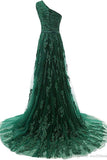 solvbao Green Tulle Elegant Party Dresses, One Shoulder Applique Formal Dresses, Tulle Prom Dress