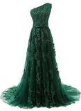 solvbao Green Tulle Elegant Party Dresses, One Shoulder Applique Formal Dresses, Tulle Prom Dress