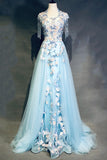 kamahe Modest Square Neckline Beading Appliques Sky Blue Long Prom Dresses Pageant Gown