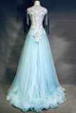 kamahe Modest Square Neckline Beading Appliques Sky Blue Long Prom Dresses Pageant Gown