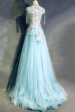 kamahe Modest Square Neckline Beading Appliques Sky Blue Long Prom Dresses Pageant Gown