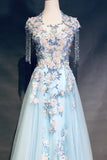 kamahe Modest Square Neckline Beading Appliques Sky Blue Long Prom Dresses Pageant Gown