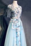 kamahe Modest Square Neckline Beading Appliques Sky Blue Long Prom Dresses Pageant Gown