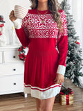 Elegant Christmas Knit Sweater Dress - Chic Long Sleeve, Crew Neck with Festive Pattern & Contrast Trim, Acrylic Fiber