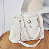 Women's Faux Pearl Chain Straps Shoulder Handbag, Quilted Argyle Pattern Shopping Tote Bag