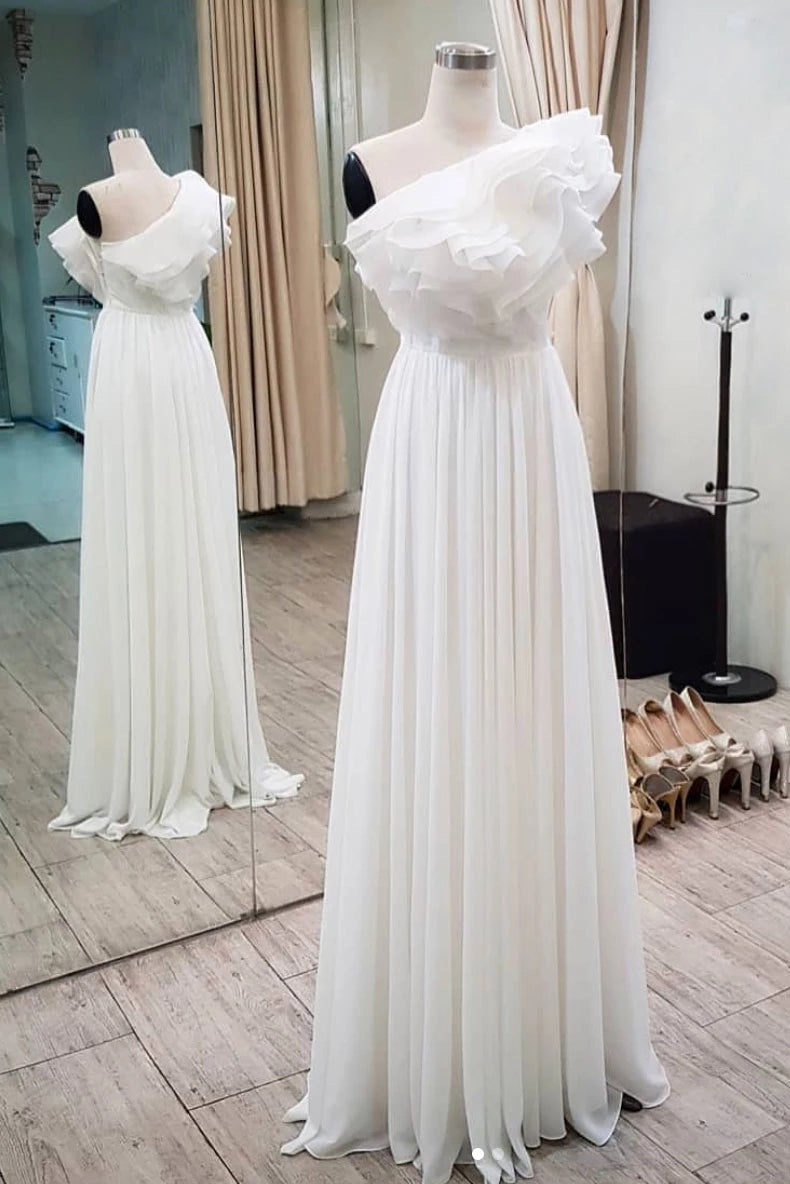 kamahe Elegant Ruffles One Shoulder Long Prom Dresses, Chiffon Long Formal Dresses