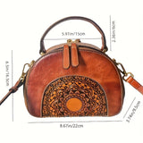 Vintage Floral Embossed Crossbody Bag, Retro Genuine Leather Purse, Women's Classic Shoulder Bag & Handbag