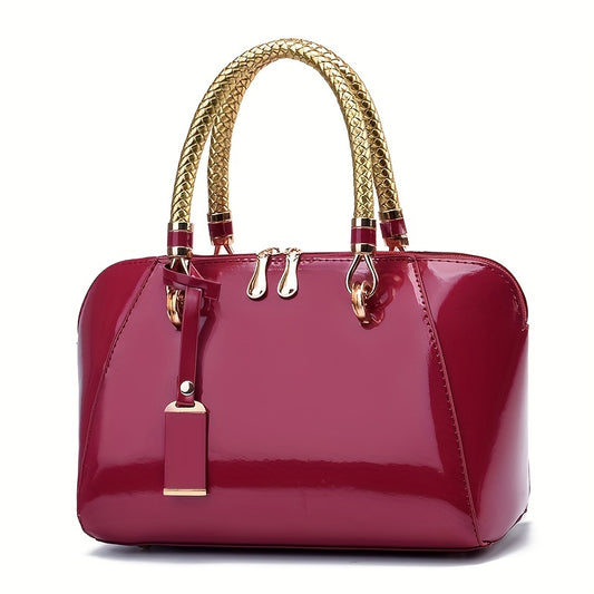 solvbao Patent Leather Handbags For Women, Braided Handle Satchel Purse, Trendy Crossbody Bag With Zipper