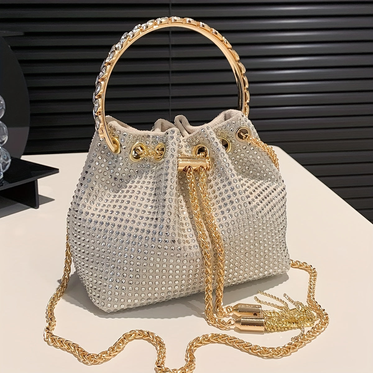 All Over Bright Rhinestone Bucket Bag, Drawstring Small Banquet Satchel Bag, Women's Luxury Dinner Shoulder Chain Bag