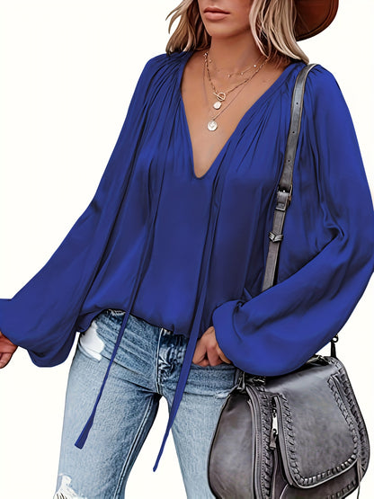 solvbaoSolid Tie Neck Pleated Blouse, Casual Long Sleeve Blouse For Spring & Fall, Women's Clothing