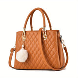 solvbao Elegant Argyle Quilted Handbag, Fashion Top Handle Satchel Purse, Women's Crossbody Bag With Pompom Ball Pendent