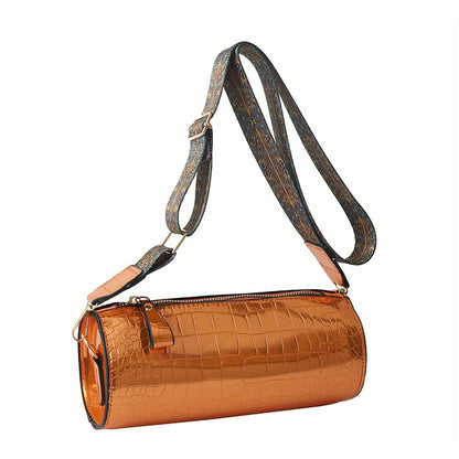 solvbao  Glossy Crocodile Pattern Bucket Bag, Metallic Color Crossbody Bag, Trendy Cylinder Purse With Wide Guitar Strap