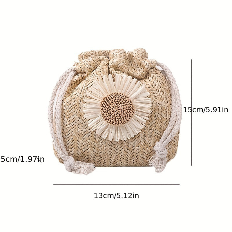 solvbao  Flower Decor Straw Design Bag, Drawstring Shoulder Bag, Minimalist Crossbody Bag