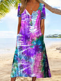 Plus Size Tie Dye Charm - Womens Casual Henley Dress with Stretch & Pockets for a Flattering Fit