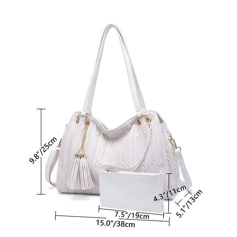 solvbao  Simple Solid Color Tote Bag, Large-capacity Shoulder Bag, Fashionable Handbag With Tassel Decor