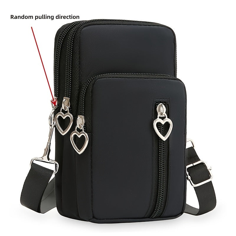 Mini Heart Zipper Phone Bag, Nylon Canvas Crossbody Bag, Multi Layer Zipper Around Purse (3.54*6.7*2.36) Inch