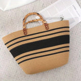 Striped Pattern Straw Bag, Bamboo Handle Summer Beach Bag, Women's Woven Tote Bag Basket