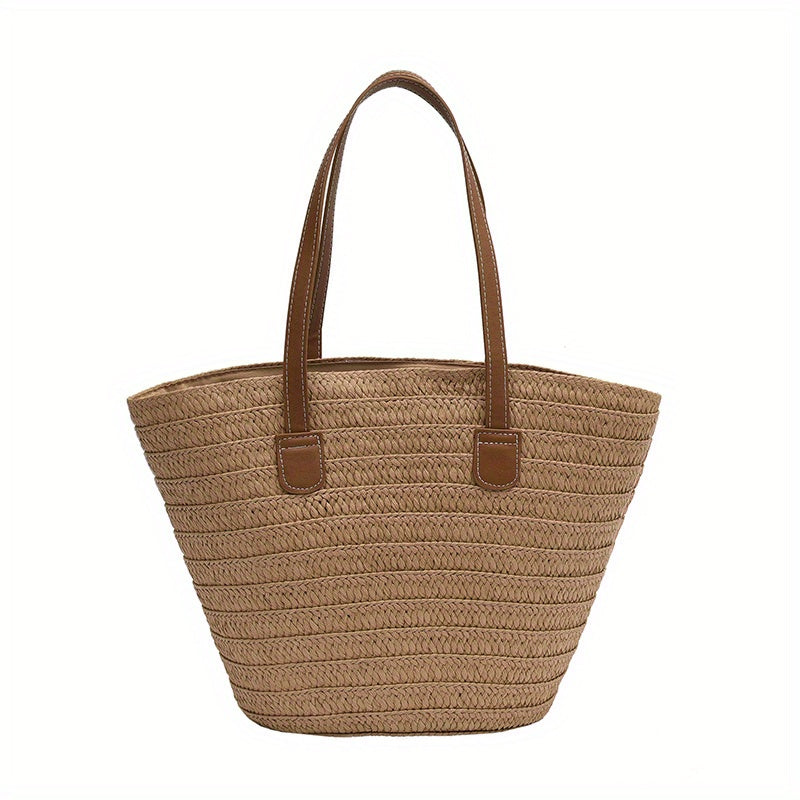 solvbao  Woven Straw Tote Bag, Portable Double Handle Stylish Handbag, Zipper Braided Straw Slouchy French Style Beach Bag