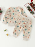 Baby Cute Cartoon Allover Print 2pcs Outfits, Toddler's Christmas Casual Pullover Top Pants Set