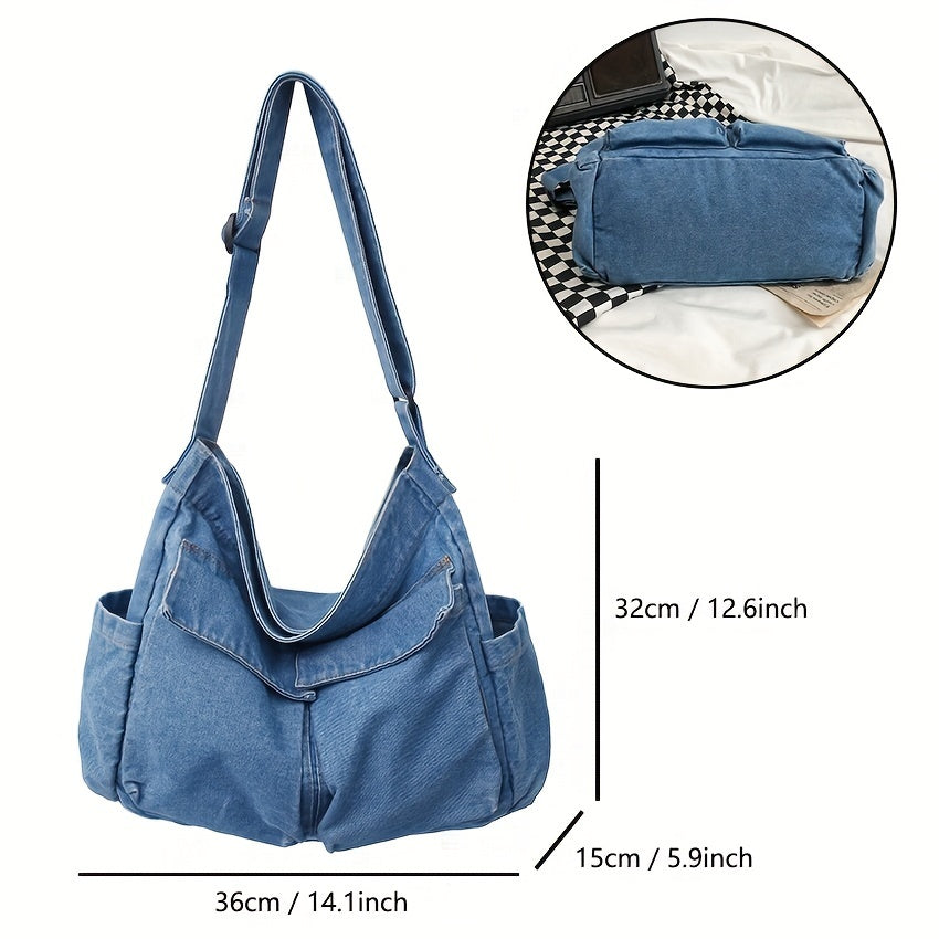 solvbao  Retro Denim Canvas Tote Bag, Multi Pockets Crossbody Bag, Y2K Hobo Bag For Sports, Travel, School