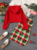 2pcs MERRY CHRISTMAS Print Girl's Hoodie & Plaid Pattern Trendy Christmas Outfit Sundress Set for Spring Autumn