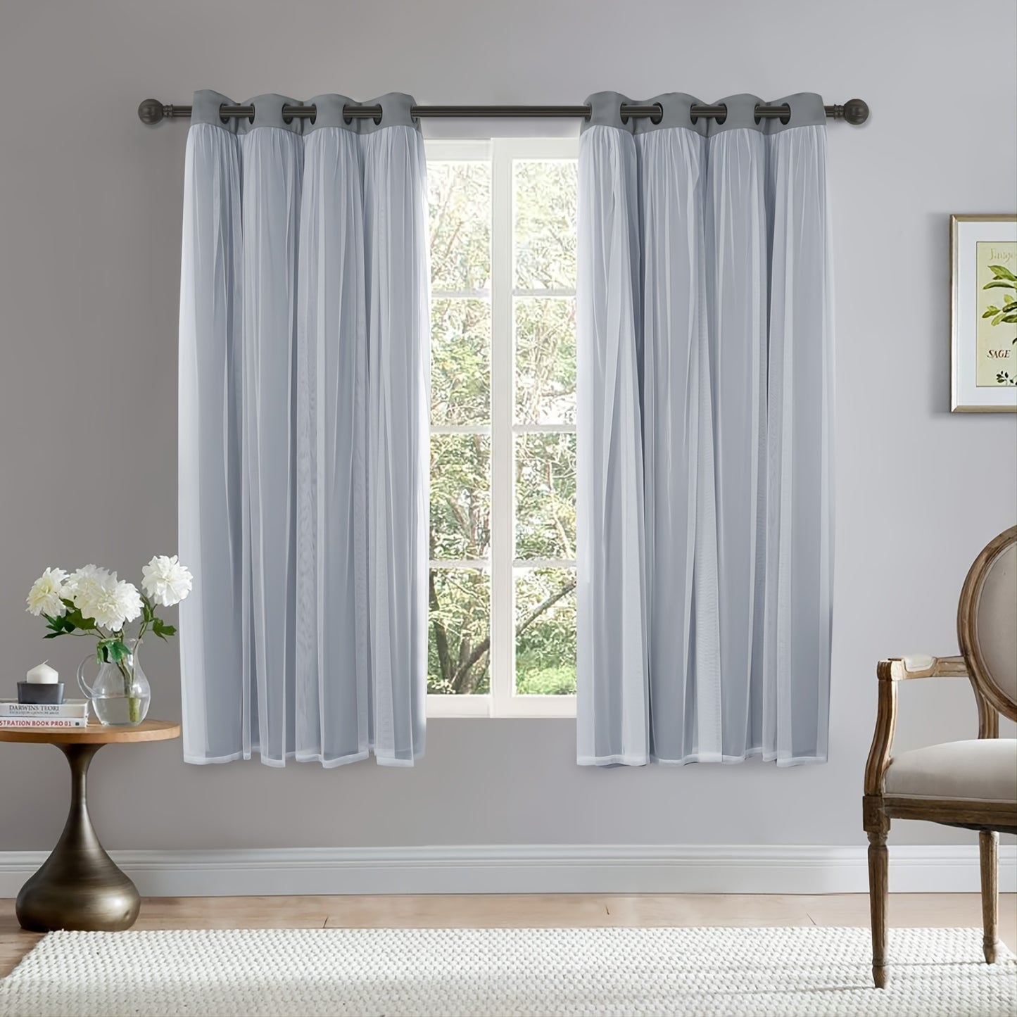 1 Panel Blackout Curtains With White Sheer Voile Double-Layered Mix And Match Curtains Grommet Curtains For Bedroom, Grey