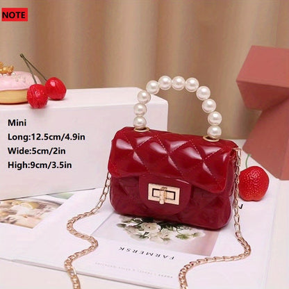 solvbao  Mini Jelly Handbag For Girls, Faux Pearl Handle Coin Purse, Trendy Chain Crossbody Bag (12.45*8.89*5.08cm)