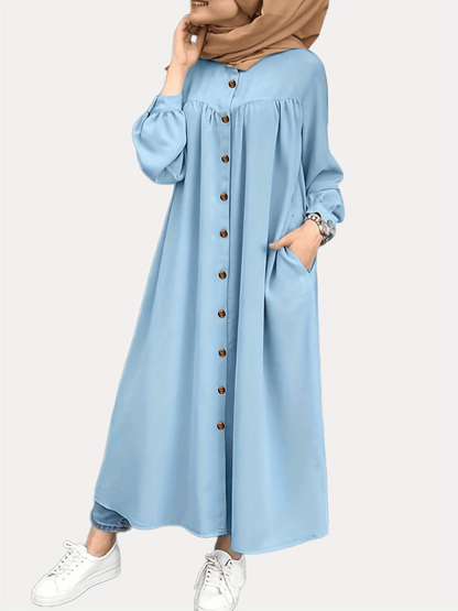 solvbaoButton Front Ruched Abaya, Modest Puff Sleeve Maxi Dress, Women's Clothing