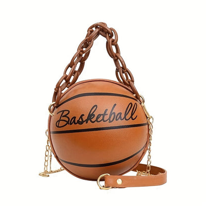 solvbao  Mini Letter Graphic Basketball Design Circle Bag, Fashion Chain Shoulder Round Purse, Hand Zipper Bag