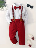 4-Piece Boys Gentleman Outfit Set, Long Sleeve Shirt, Polka Dot Suspenders, Bow Tie, and Pants