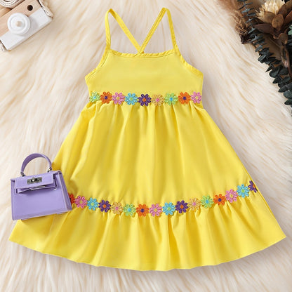 Trendy Sweet Girls Flower Decor Cami Dress Casual Dresses For Summer Beachwear Gift