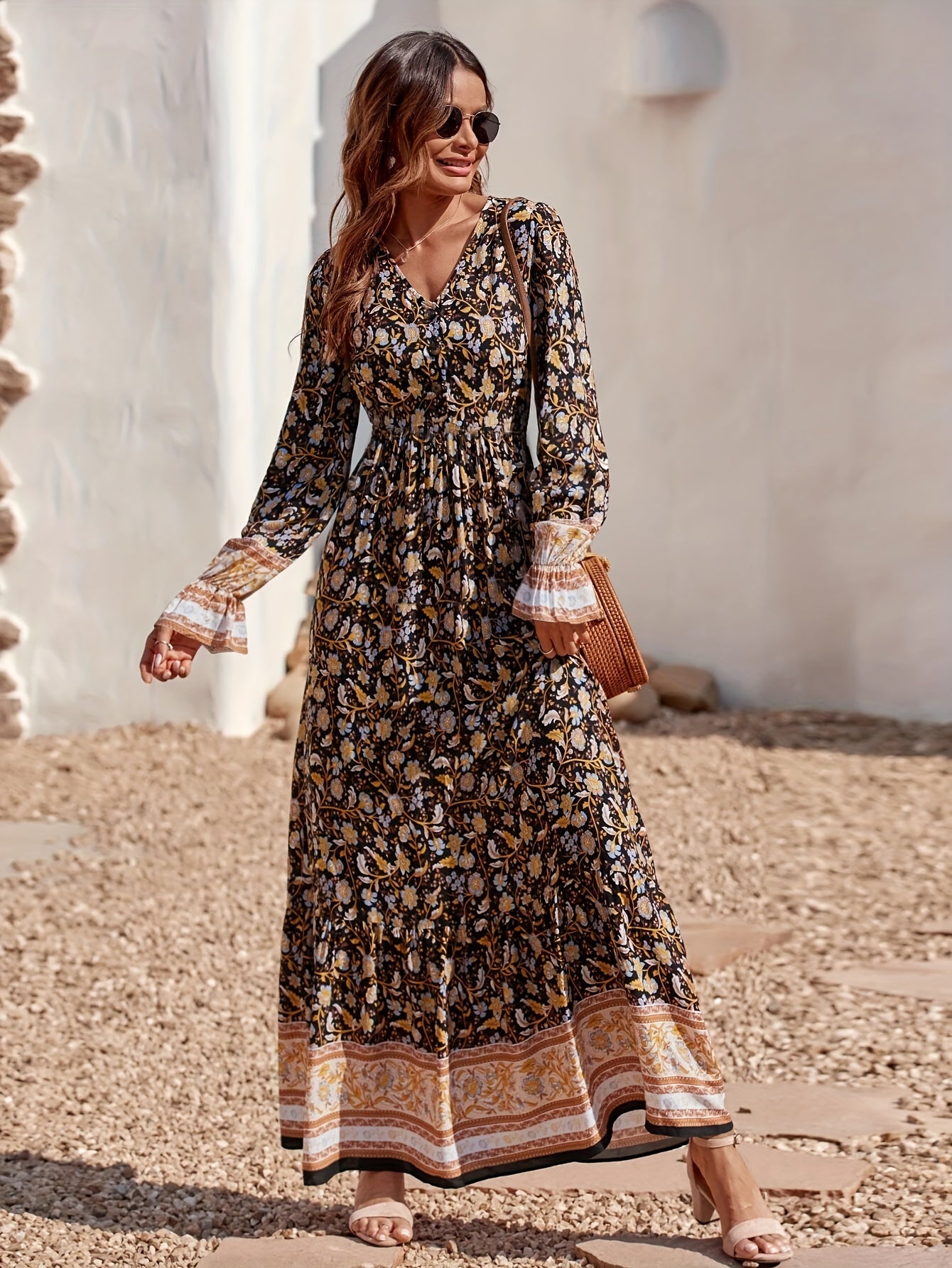 solvbaoFloral Print High Waist Dress, Boho V Neck Flared Sleeve Maxi Dress, Women's Clothing