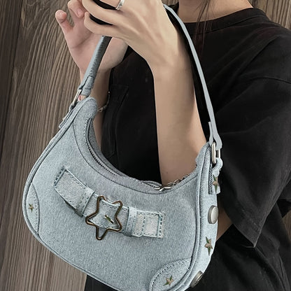 Y2K Denim Underarm Bag, Star & Studded Decor Handbags, Retro Style Shoulder Purse For Women