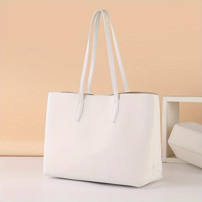 solvbao  Simple Solid Color Tote Bag, Faux Leather Shoulder Bag, Large Capacity Handbag For Shopping