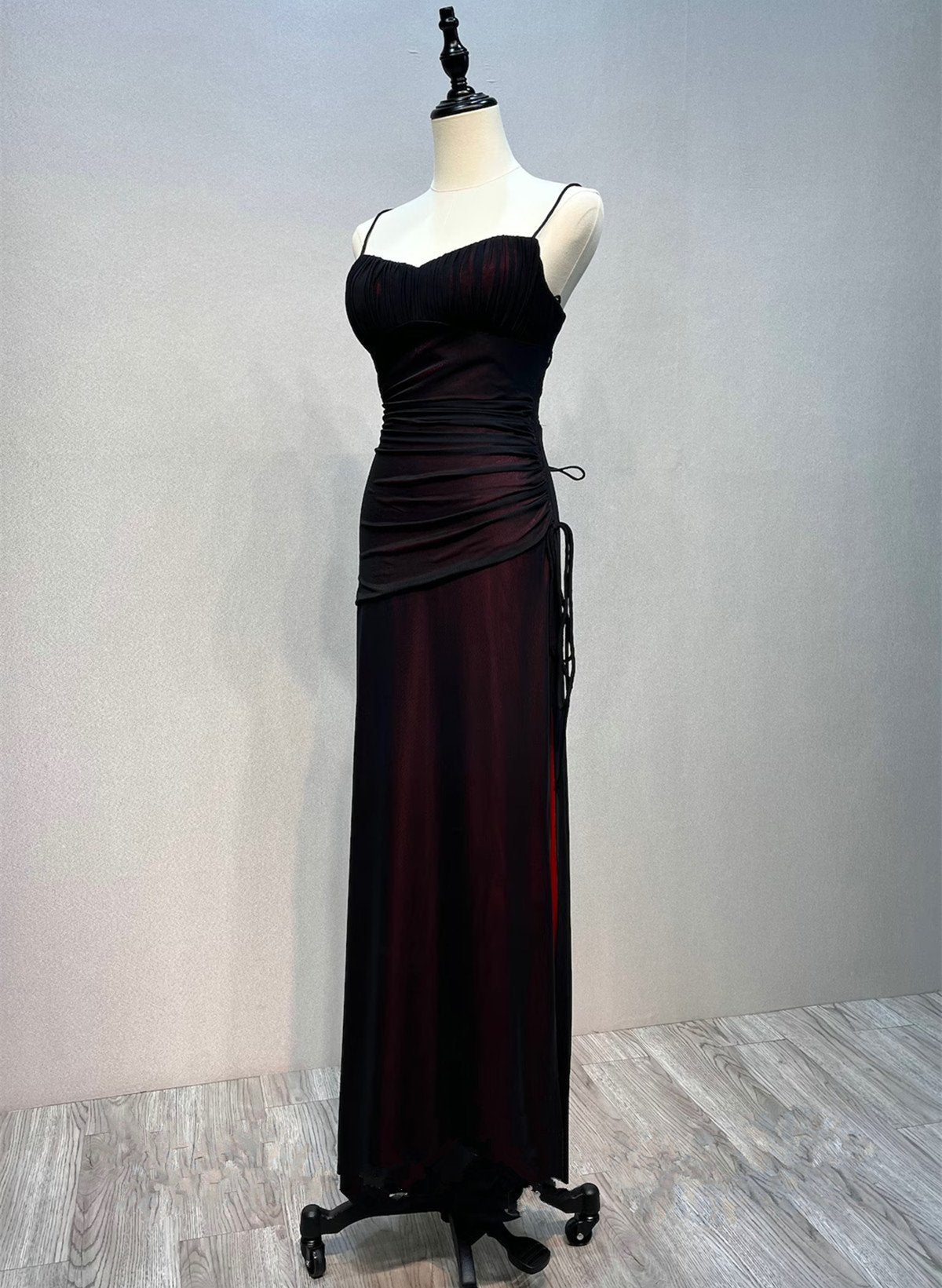 kamahe Black And Red Mermaid Straps Long Evening Dress, Long Prom Dress With Leg Slit