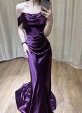 kamahe Purple Satin Off Shoulder Long Evening Dress, Purple Satin Prom Dress