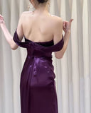 kamahe Purple Satin Off Shoulder Long Evening Dress, Purple Satin Prom Dress