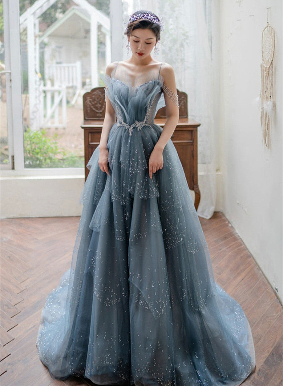 solvbao Blue Tulle Straps V-neckline Long Formal Dress, Blue Layers Tulle Prom Dress