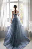 solvbao Blue Tulle Straps V-neckline Long Formal Dress, Blue Layers Tulle Prom Dress