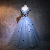 Solvbao Charming Blue Ball Gown Lace Long Formal Dress, Blue Tulle Sweet 16 Dress with Flowers