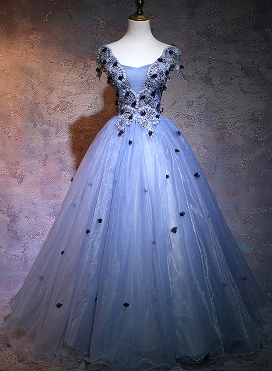 Solvbao Charming Blue Ball Gown Lace Long Formal Dress, Blue Tulle Sweet 16 Dress with Flowers