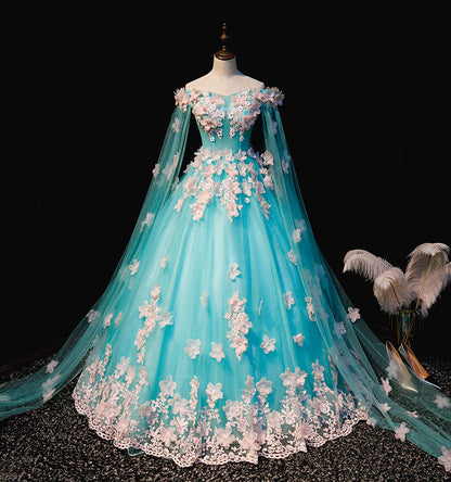 Solvbao Mint Blue Tulle Embroidery Silk Flowers Quinceanera Dress, Blue Long Ball Gown Formal Dress