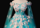 Solvbao Mint Blue Tulle Embroidery Silk Flowers Quinceanera Dress, Blue Long Ball Gown Formal Dress