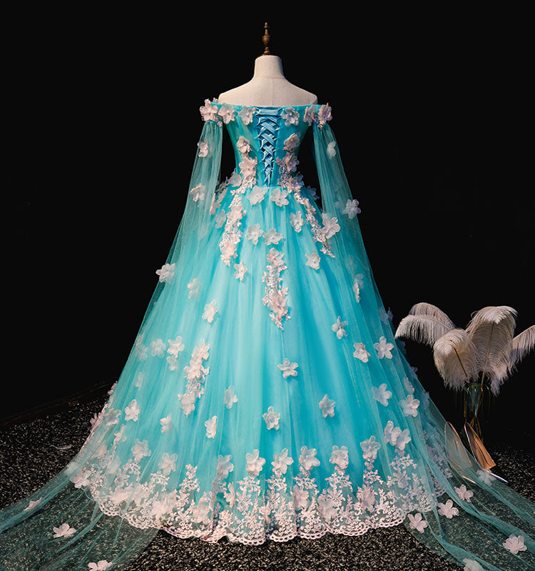 Solvbao Mint Blue Tulle Embroidery Silk Flowers Quinceanera Dress, Blue Long Ball Gown Formal Dress