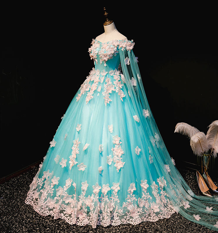 Solvbao Mint Blue Tulle Embroidery Silk Flowers Quinceanera Dress, Blue Long Ball Gown Formal Dress