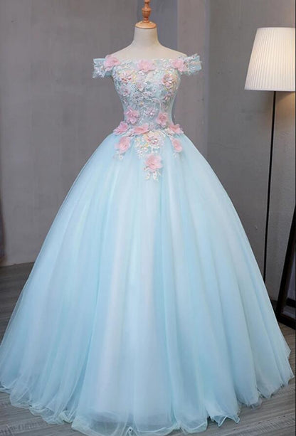 Solvbao Light Blue Long Floral Tulle Sweet 16 Dress,  Quinceanera Dress