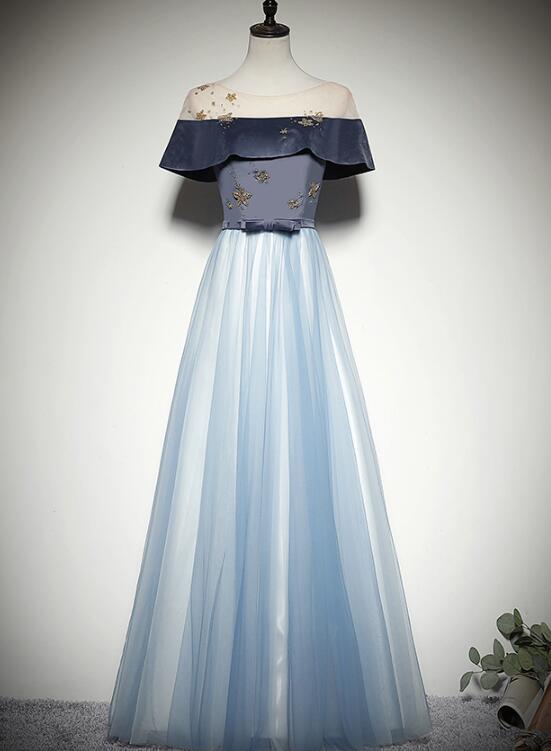 Solvbao Beautiful Light Blue Tulle with Velvet Long Party Dress, Prom Dress